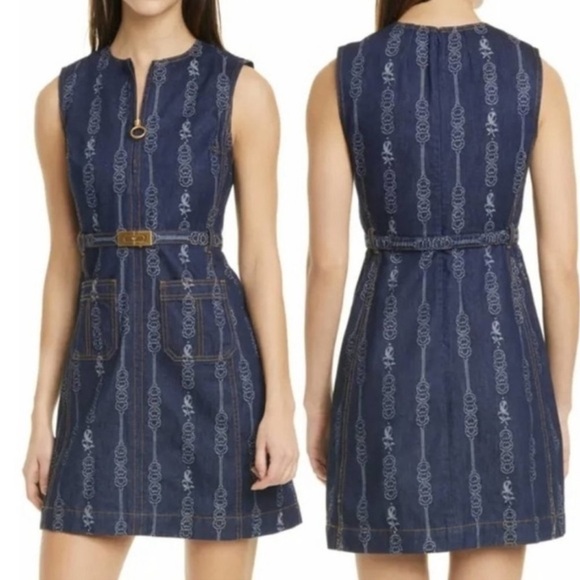 Tory Burch Belted Gemini Cotton Jacquard denim Dress Size 14 - Picture 3 of 7